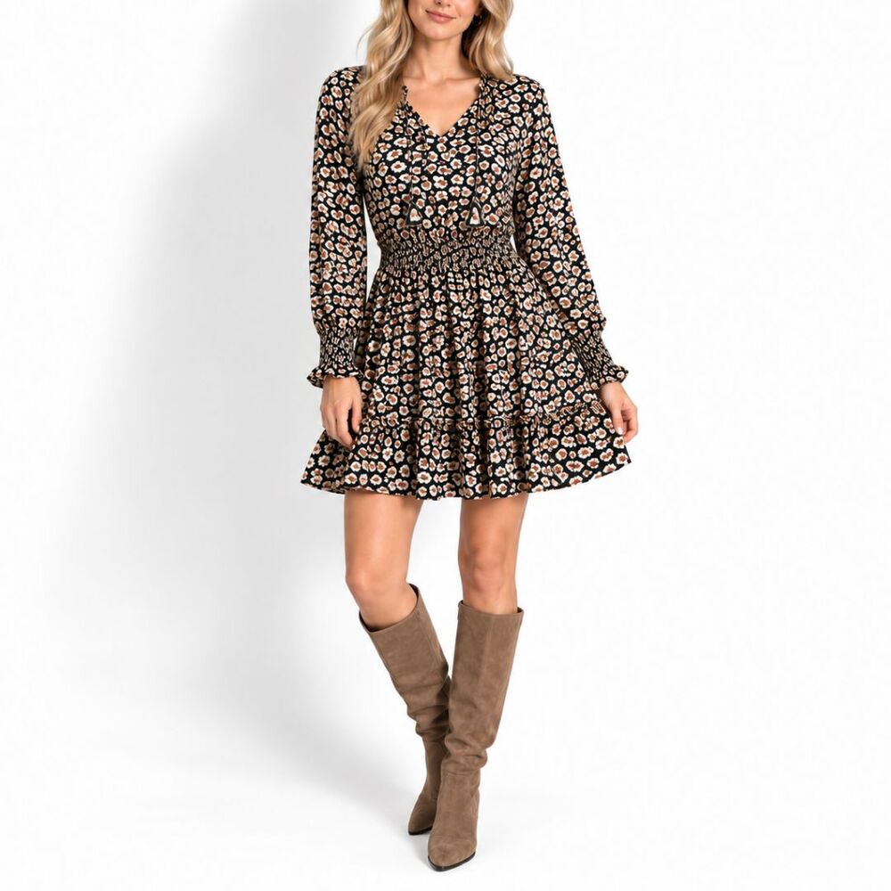Leopard Print Dress Womens M Black Smocked Waist Tiered Boho Mini Tassel